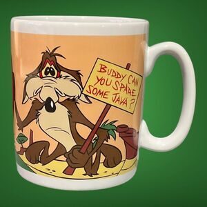 1996 JUMBO Looney Tunes Wile E Coyote Will Work For Coffee 30oz Mug Warner Bro